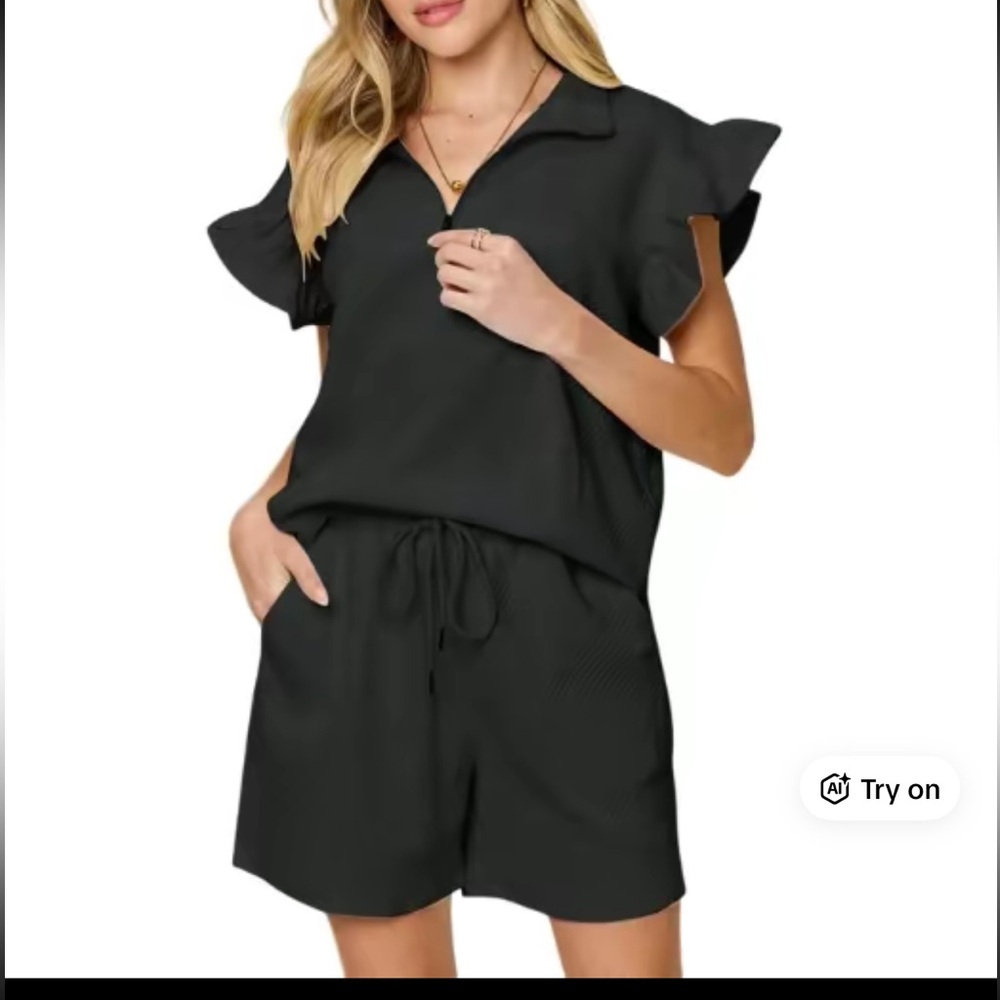 Double Take Black Textured Travel Lounge Outfit Set Top and Shorts Large - Picture 6 of 8